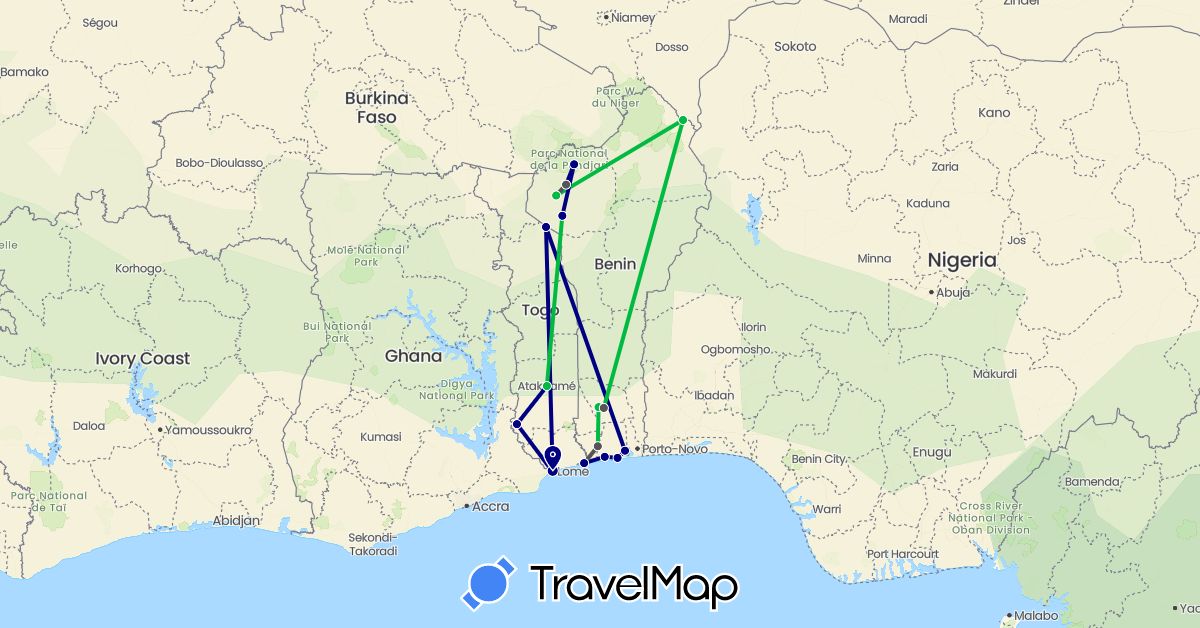 TravelMap itinerary: driving, bus, plane, motorbike in Benin, Togo (Africa)